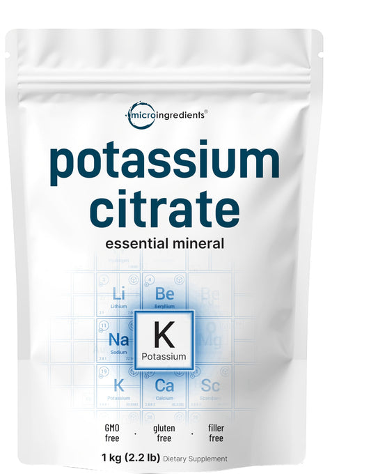 Micro Ingredients potassium citrate powder with scoop showing precise hydration measurement