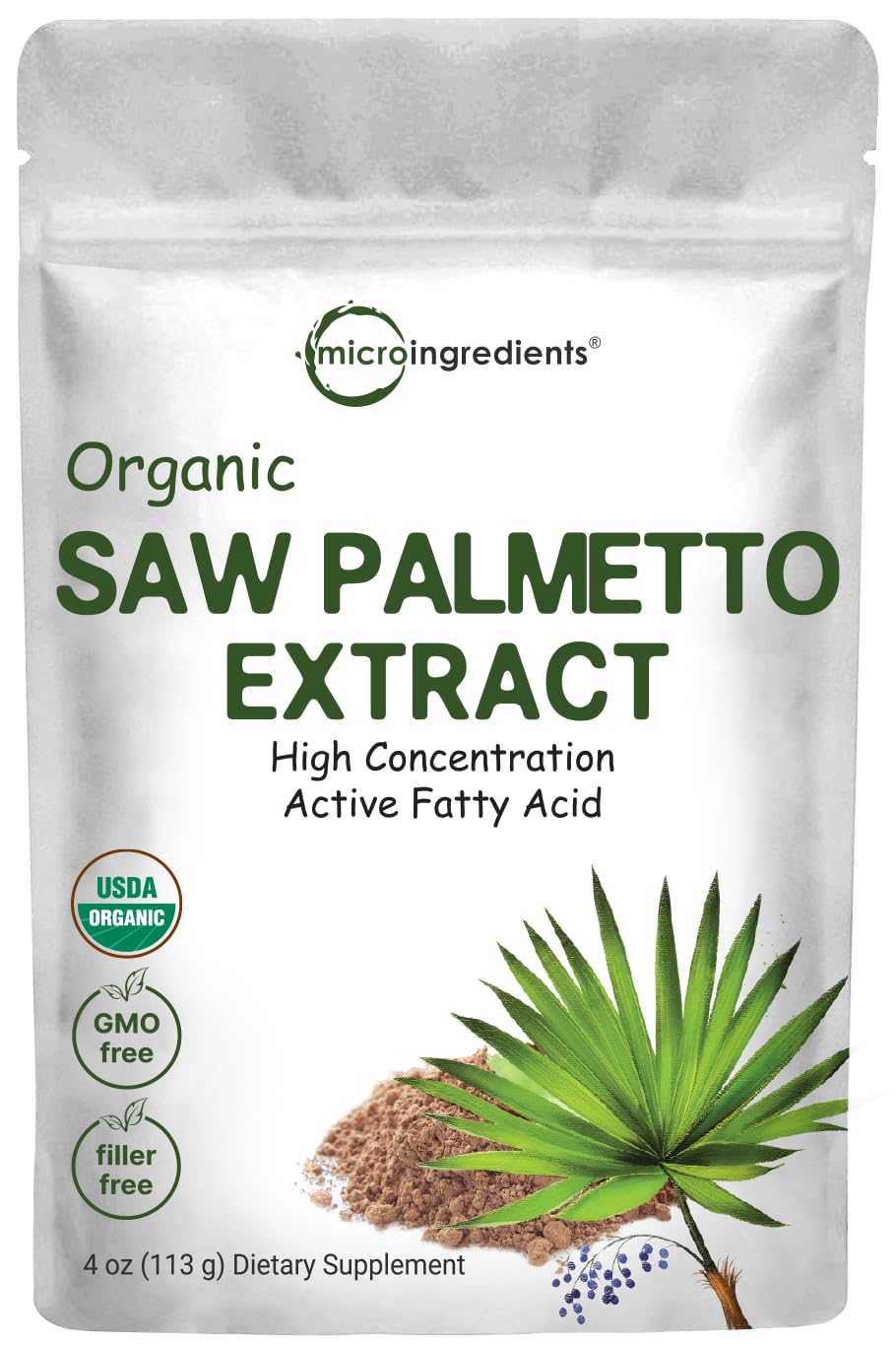 Micro Ingredients saw palmetto powder bottle showing organic formula for daily prostate and hair support.