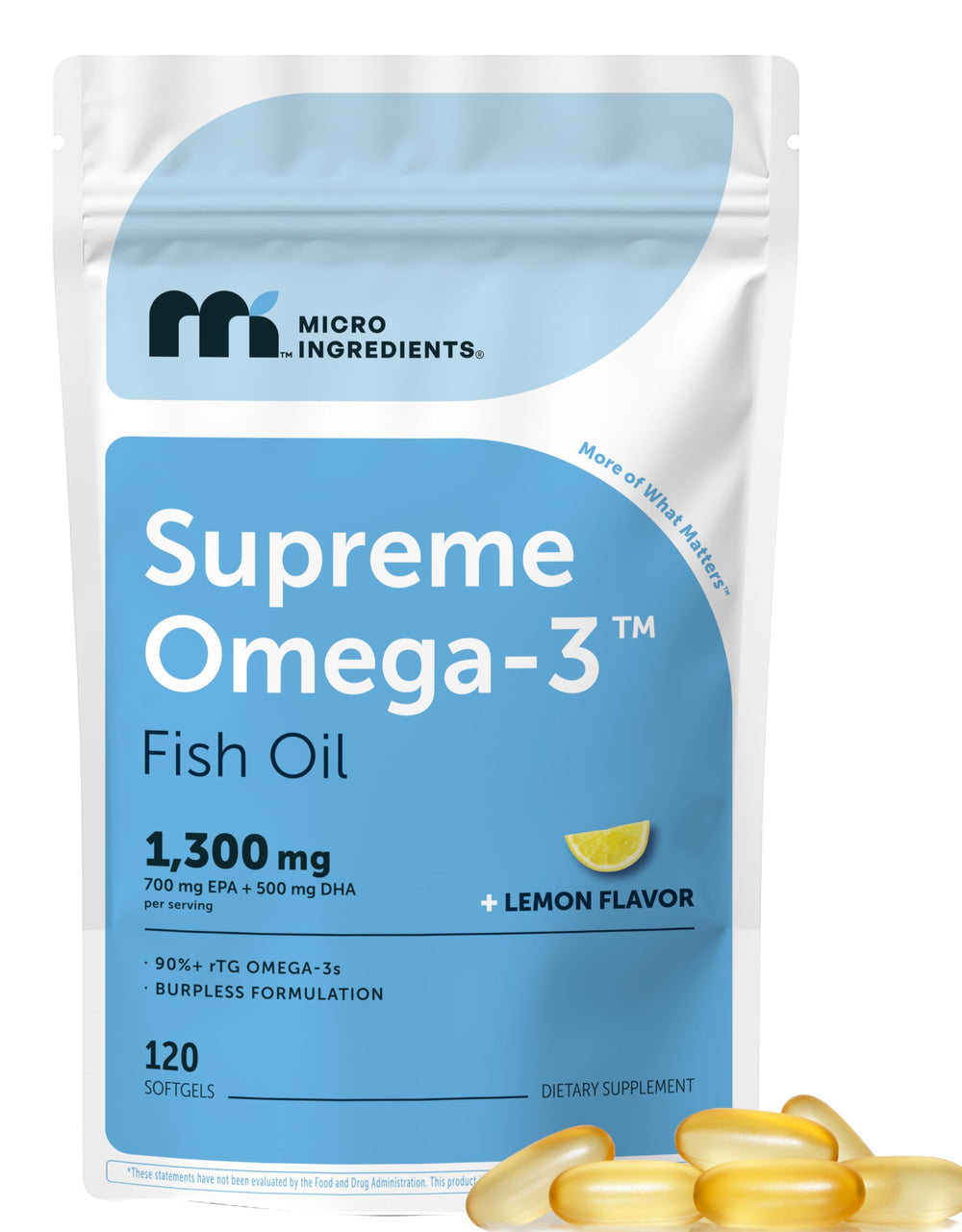 Micro Ingredients Supreme Omega-3 softgels with lemon flavor for easy daily intake.