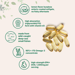 Label highlights vitamin D3 included in the omega-3 formula.