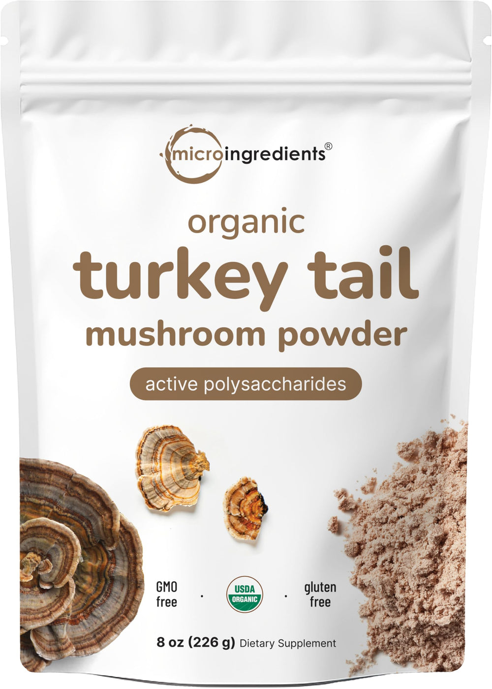 Micro Ingredients turkey tail powder jar shows the 8 oz package, ideal for daily use.