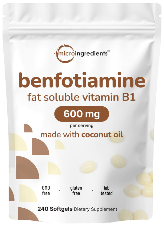 Micro Ingredients Vitamin B1 Benfotiamine softgels pouch on counter may support energy metabolism.