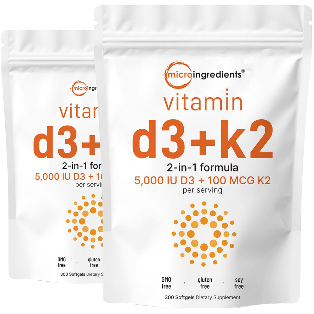 Micro Ingredients Vitamin D3 K2 bottle front with two-pack design for daily use.