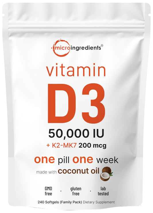 Micro Ingredients Vitamin D3 K2 MK-7 bottle front shows weekly-dose convenience