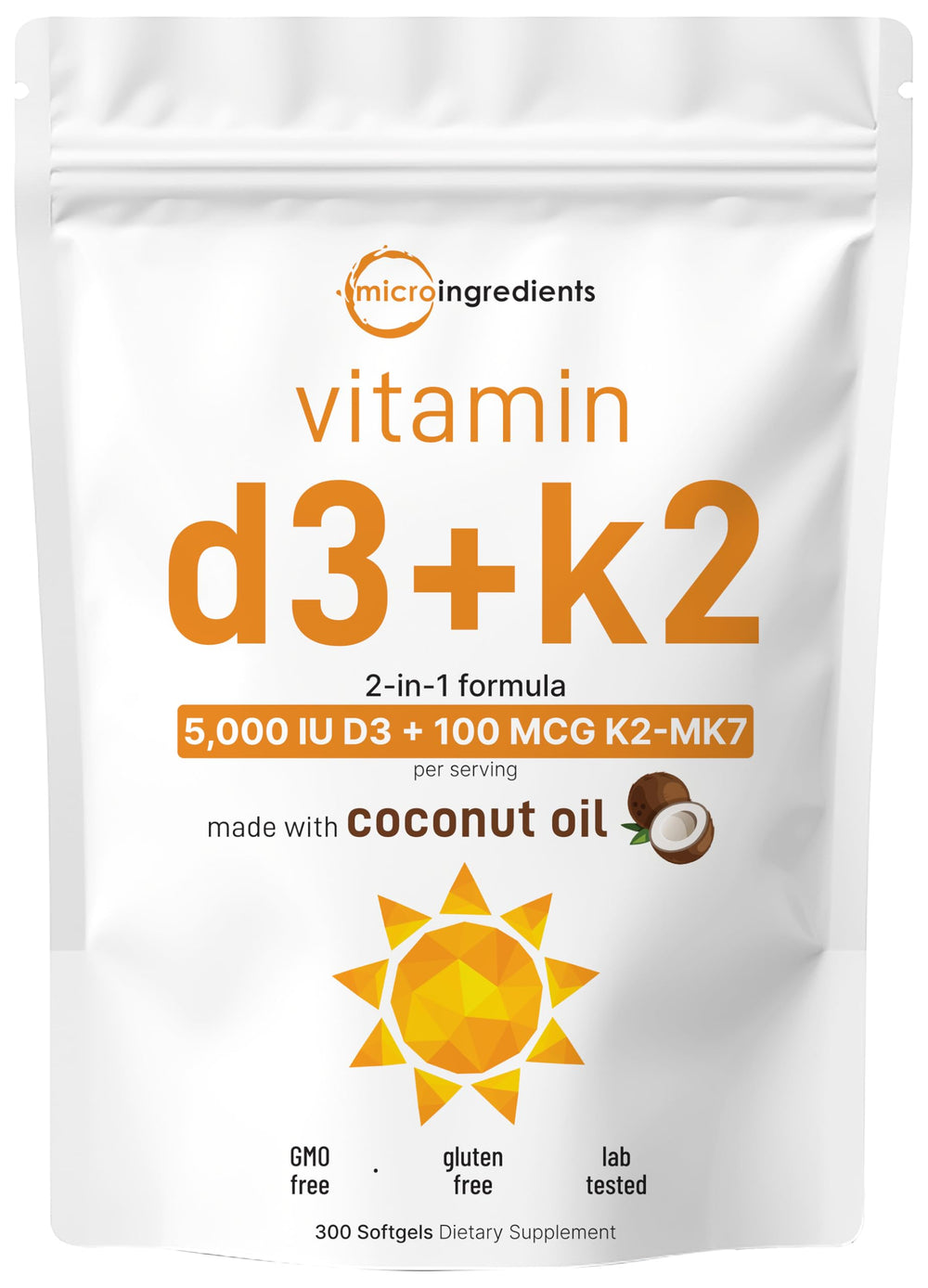 Micro Ingredients Vitamin D3 K2 softgels in coconut oil for absorption.