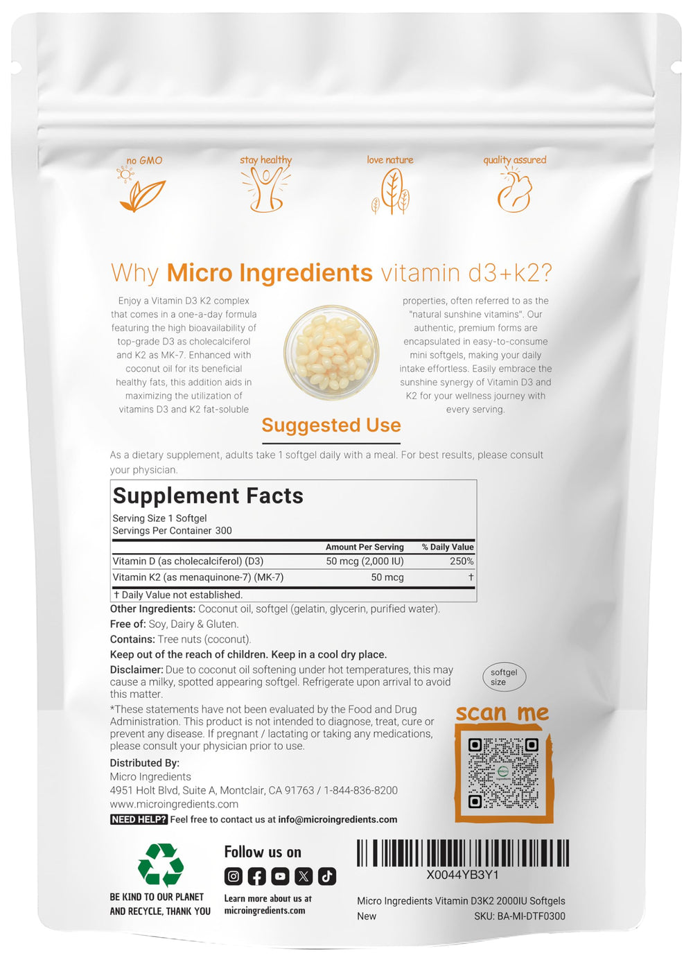 Micro Ingredients Vitamin D3 K2 softgels being poured for convenient daily intake.