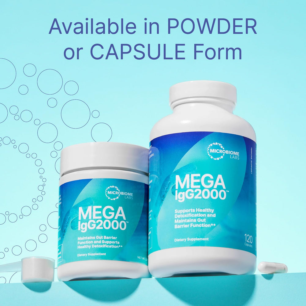 Mega IgG2000 dairy-free label – lactose-free and casein-free formulation.