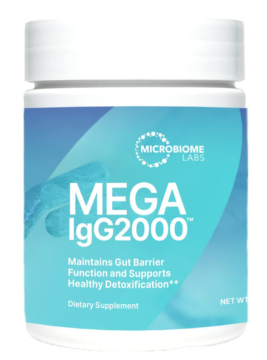 Microbiome Labs Mega IgG2000 powder tub – dairy-free gut health support.