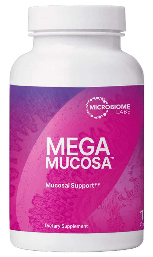 MegaMucosa bottle by Microbiome Labs on a clean desk, supporting mucosal barrier health.