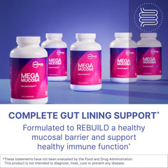 MegaMucosa capsules close-up showing dairy-free immunoglobulins for gut support.