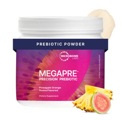 Microbiome Labs MegaPre bottle front view with pineapple orange guava flavor, may support gut balance