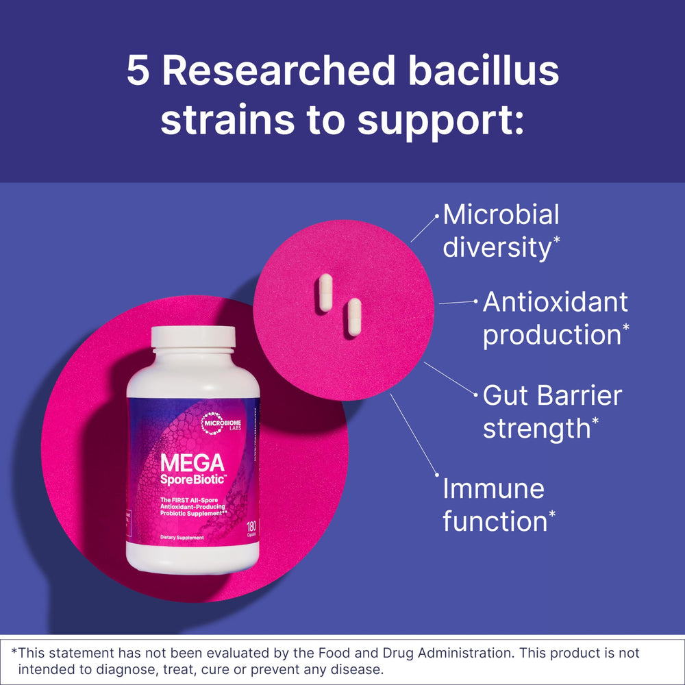 MegaSporeBiotic capsules being poured for daily digestive balance on the go.