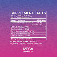 Open bottle with MegaSporeBiotic capsules arranged for daily serving routine.