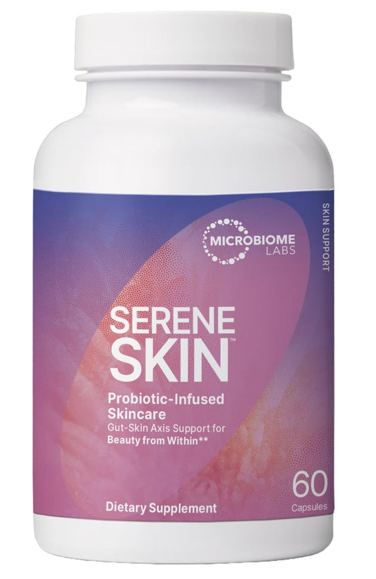 Microbiome Labs SereneSkin bottle-front image suggesting skin clarity benefits.