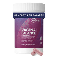 Microbiome Labs Vaginal Balance bottle on a shelf promoting daily vaginal comfort.