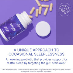 Zenbiome Sleep label close-up shows L-theanine and lemon balm for evening calm.