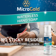 MicroGold hand soap foaming action demonstrates fast cleaning on hands.