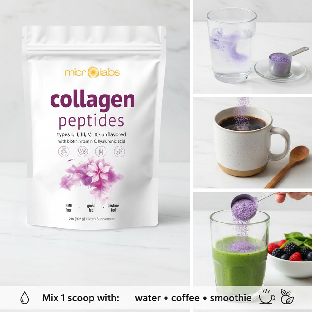 MICROLABS Unflavored collagen powder blends into coffee, smoothies, or water.