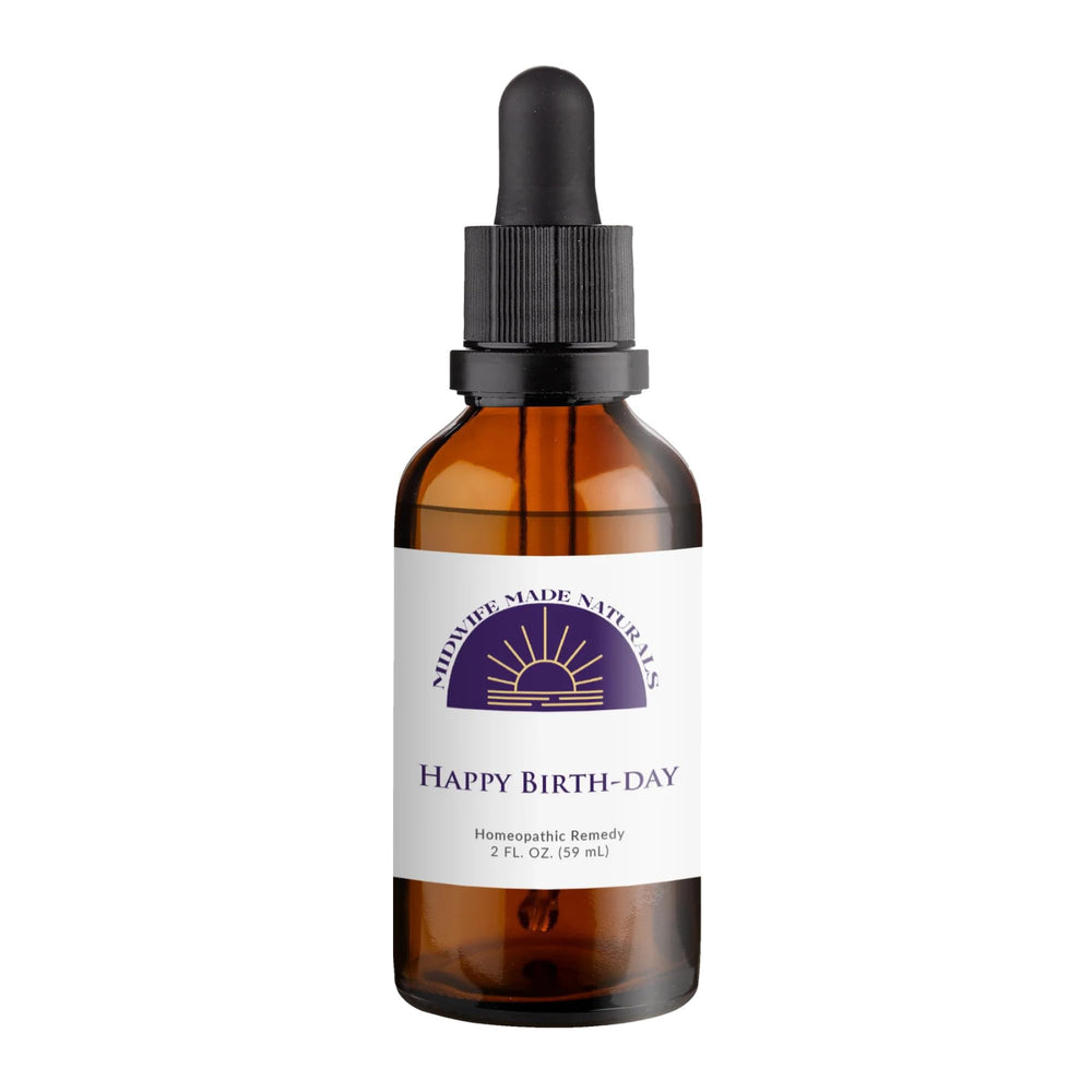 Midwife Made Naturals Happy Birth-Day bottle close-up showing natural, non-GMO drops for pregnancy preparation.