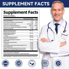Migcopat bottle side displays label with a 15-ingredient blend for cognitive health.