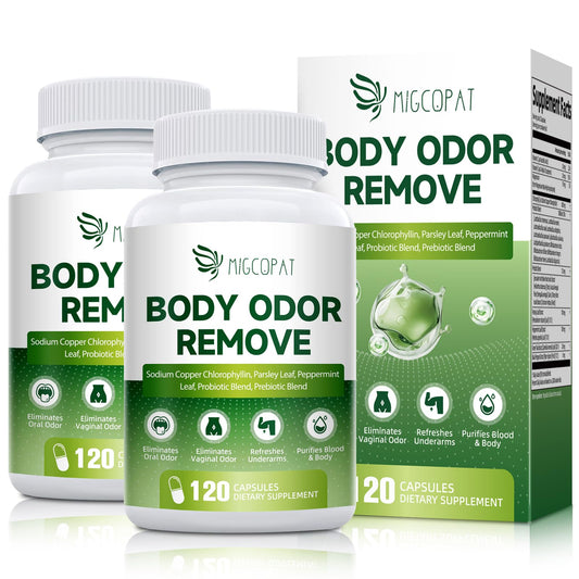 Migcopat chlorophyll body deodorizing supplement bottle promotes daily freshness.