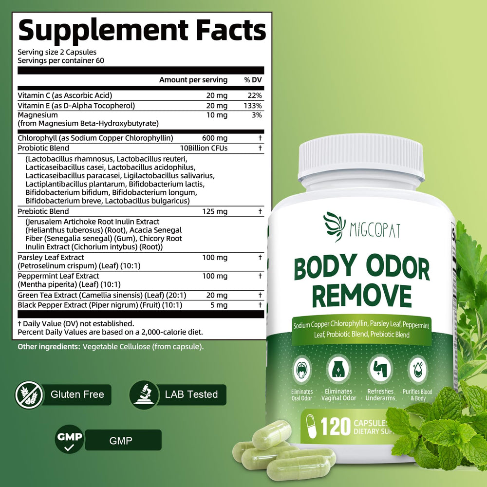 Close-up of Migcopat chlorophyll capsules for easy daily use.