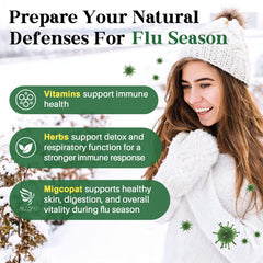Migcopat drops ingredients close-up with turmeric, echinacea, elderberry for immune support.