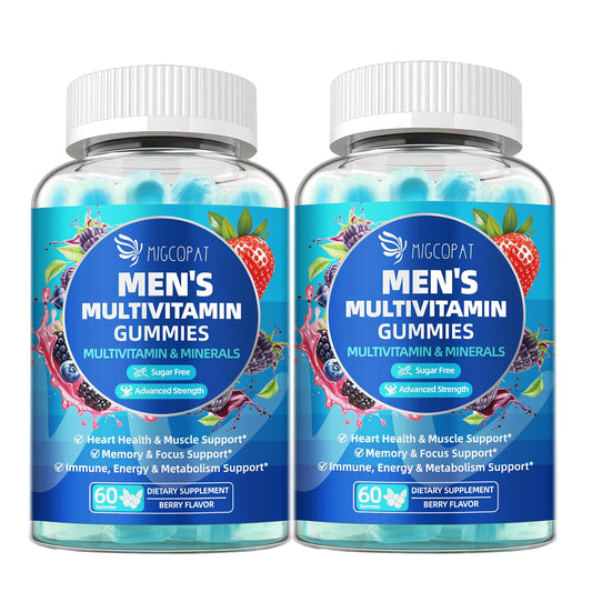 Migcopat men's multivitamin bottle showing daily heart and energy support.