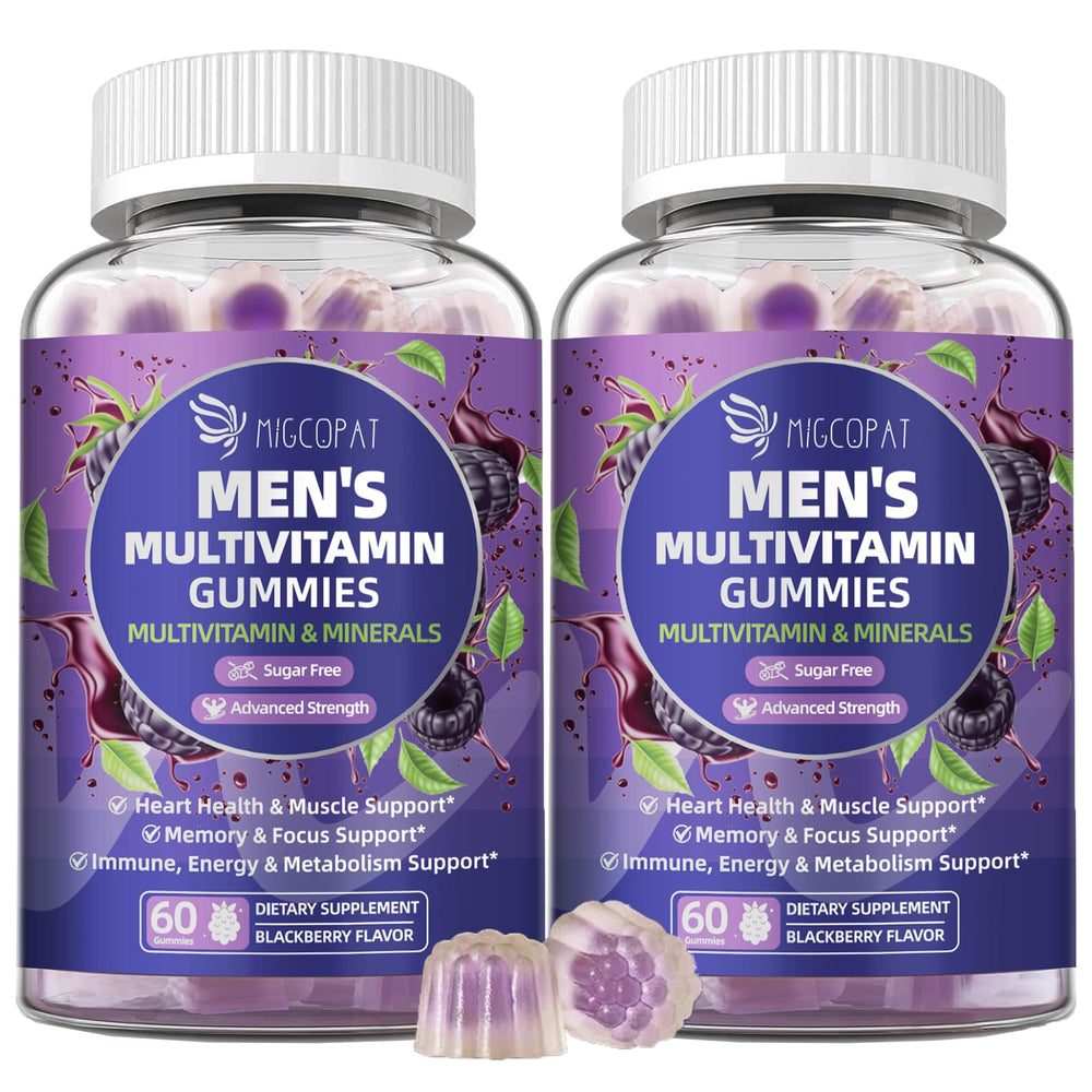 Migcopat men's multivitamin bottle front, convenient daily gummies for energy support.