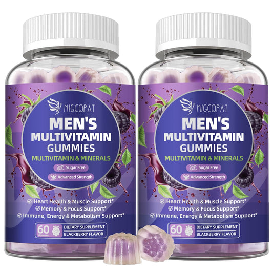 Migcopat men's multivitamin bottle front, convenient daily gummies for energy support.