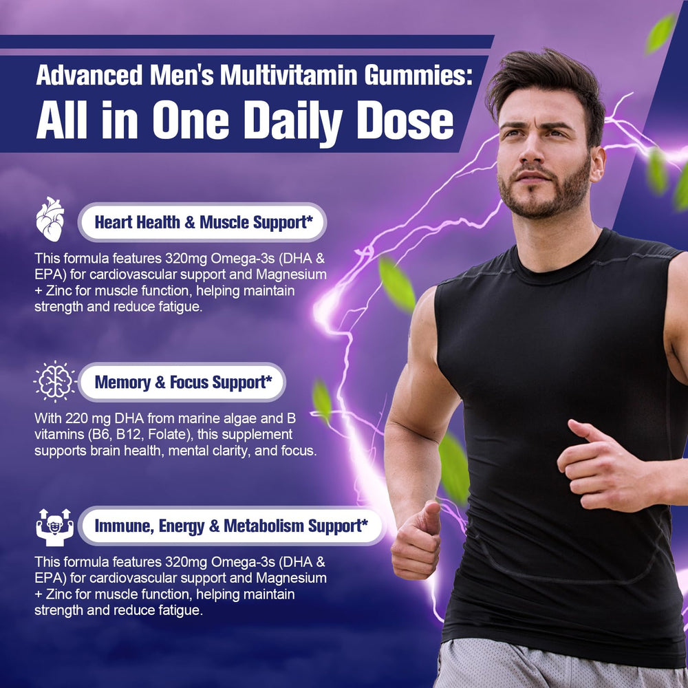 Migcopat men's multivitamin gummies blackberry serving emphasizes natural, sugar-free taste.