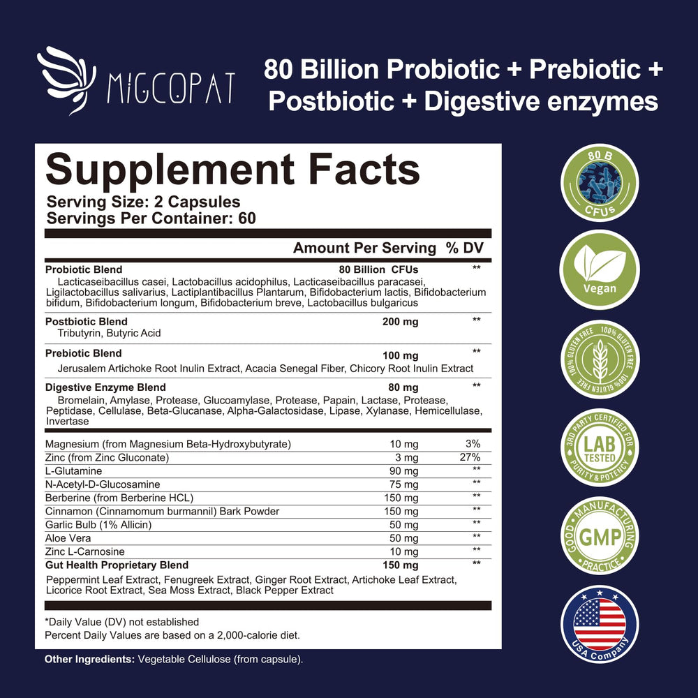 Migcopat Probiotics 80B CFU bottle showcasing high potency formula for gut health.