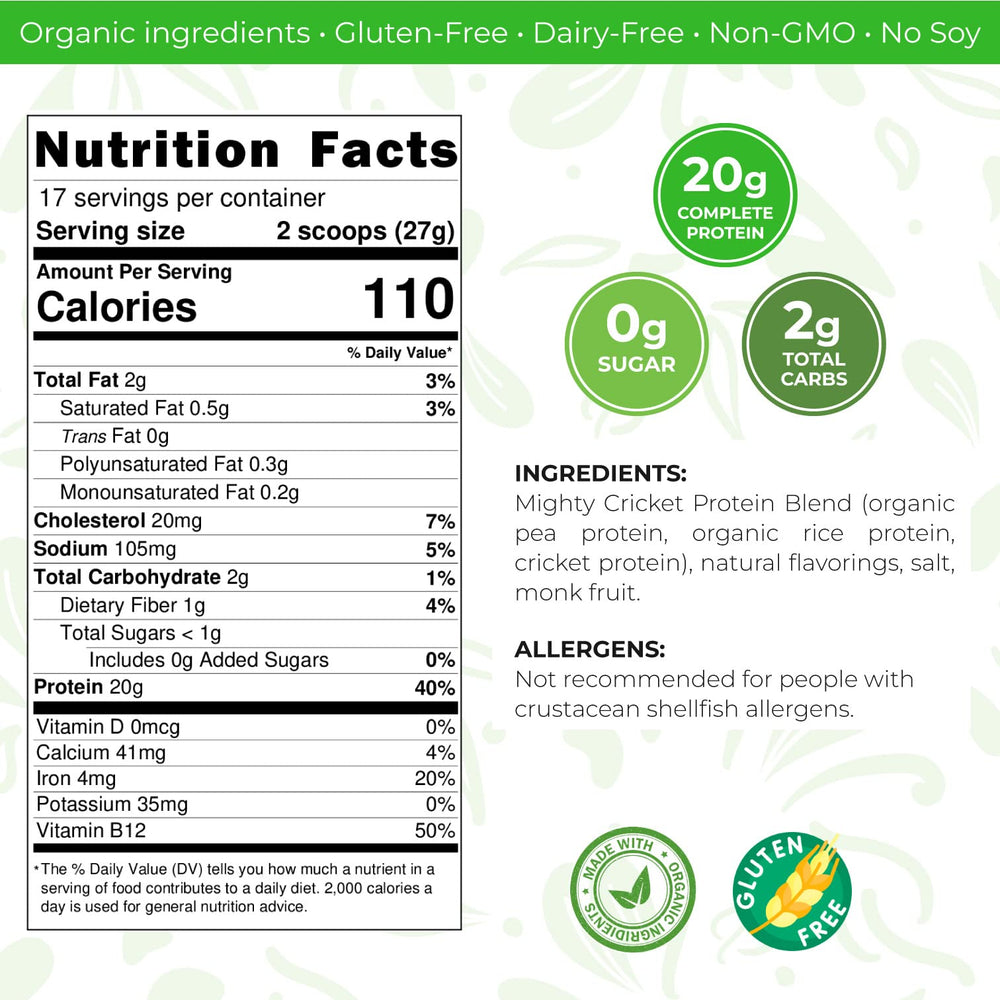 Mighty Cricket Protein Powder allergen-free banner indicating gluten- and dairy-free