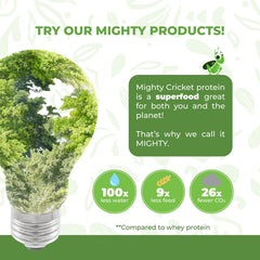 Zero sugar label on Mighty Cricket chocolate protein powder packaging