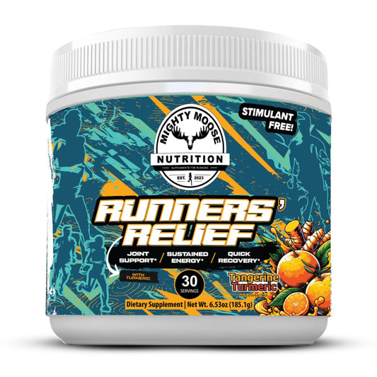 Mighty Moose Runners' Relief bottle with Tangerine Turmeric for joint support and recovery.