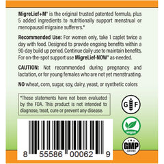 MigreLief+M packaging shows USA-made, drug-free option for menstrual migraine support.