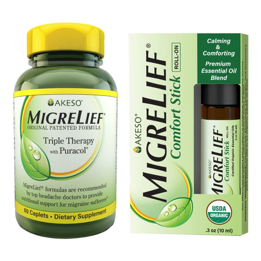 MigreLief Original bottle with caplets for daily migraine support.