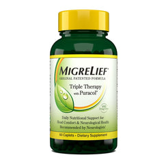 MigreLief bottle showcases Puracol triple-therapy for potential migraine support.