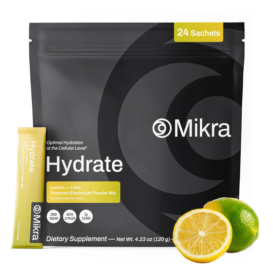 Mikra Hydrate lemon-lime packet for quick daily hydration and refreshing flavor.