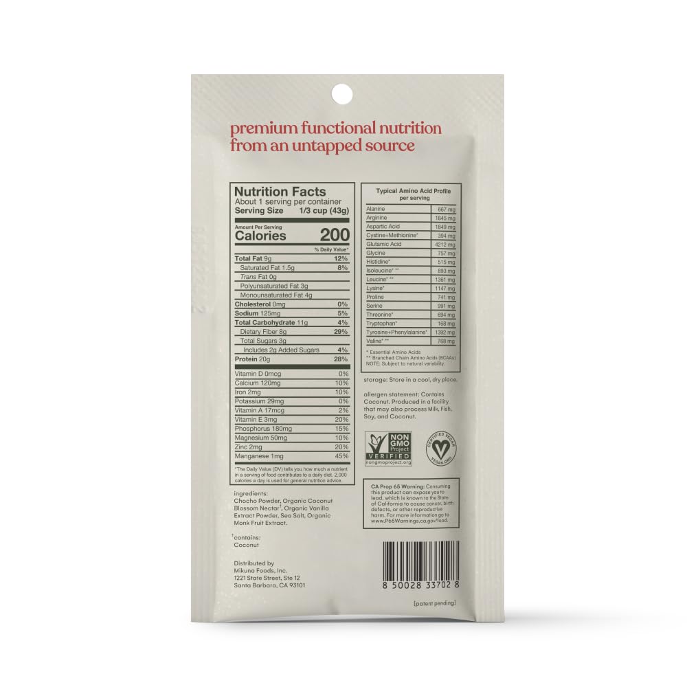 Mikuna Chocho Protein vanilla ingredients close-up highlighting protein and fiber