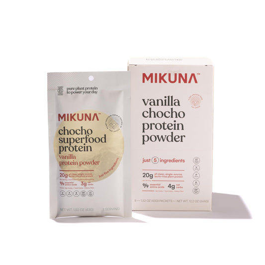 Mikuna Chocho Protein vanilla powder with a scoop for post-workout recovery