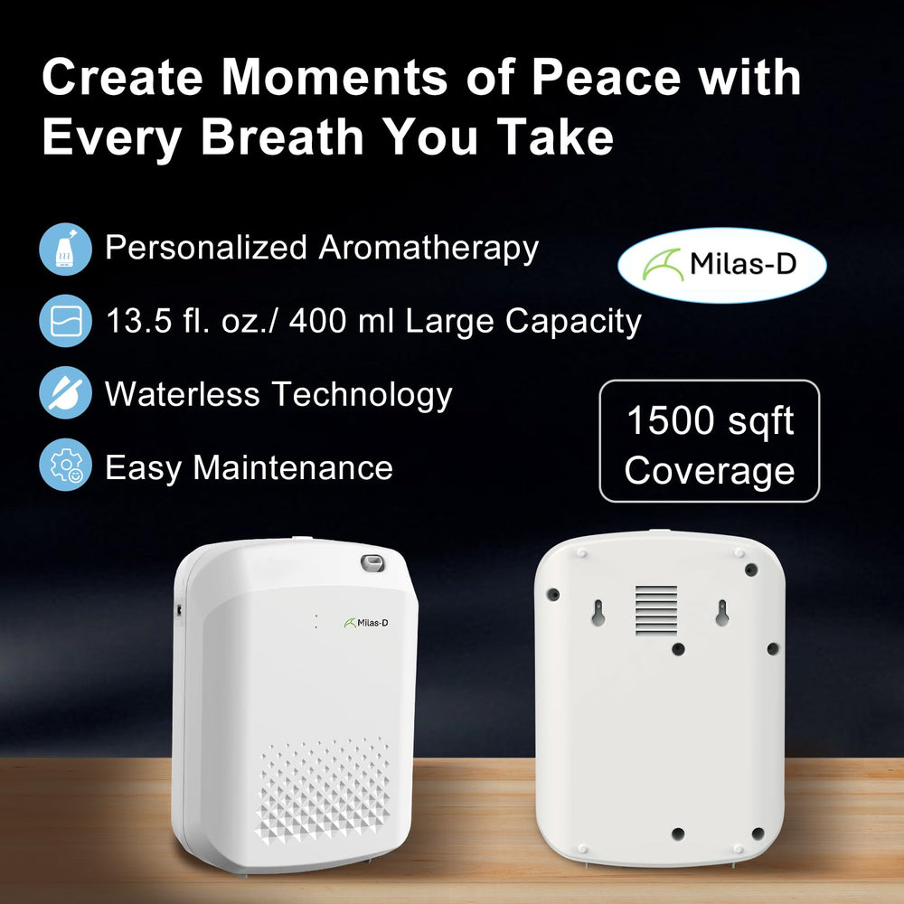 Milas-D waterless diffuser wall-mount option shown for discreet placement.