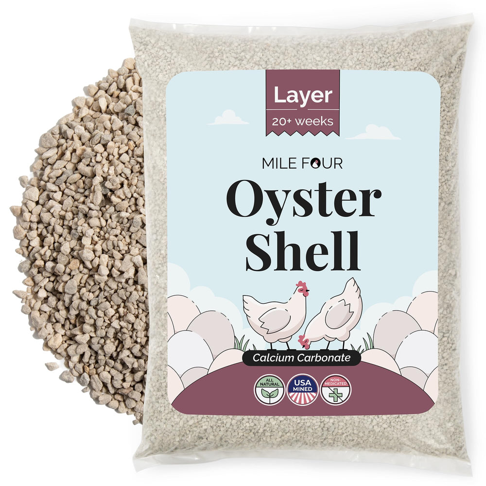 Mile Four Oyster Shell 50lb bag showing natural calcium carbonate for laying hens.