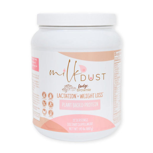 Milk Dust protein powder tub front showing vegan lactation formula for nursing moms.