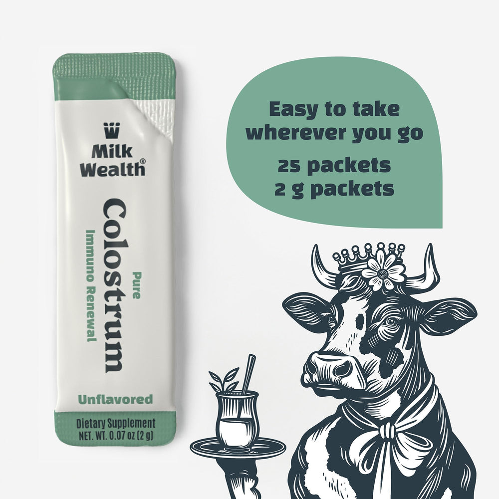 Milk Wealth freeze-dried colostrum powder highlighting diamond-like shine and nutrient preservation