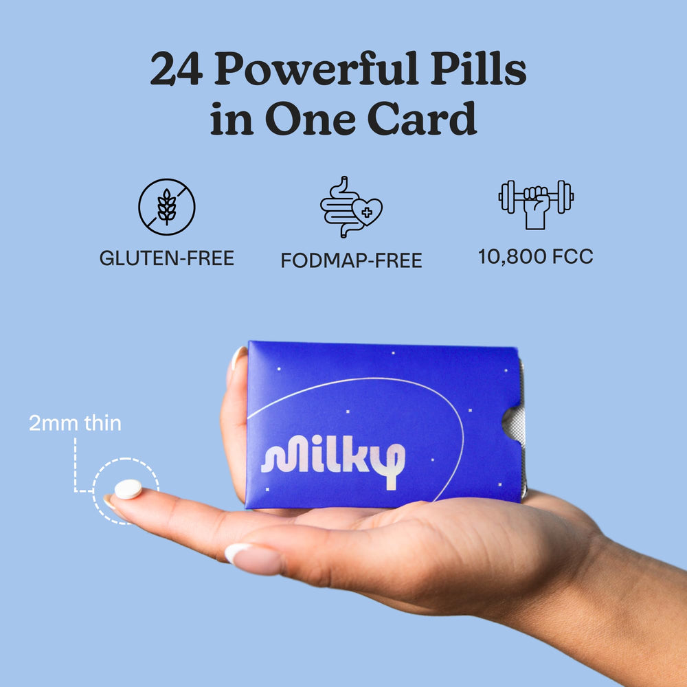 Milky lactose pills product shot promotes dairy freedom with confidence.