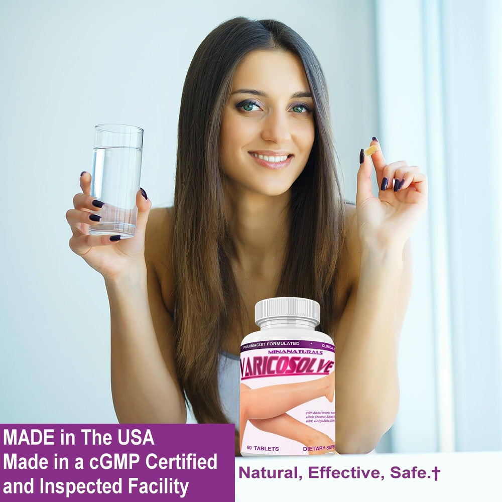 MINANATURALS Varicosolve ingredients blend features bilberry and horse chestnut for vascular support.