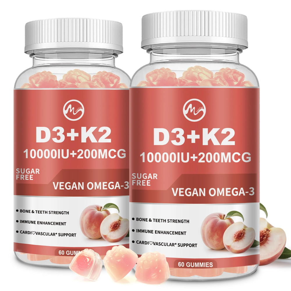 Minch vitamin D3 K2 gummies bottle shown; sugar-free vegan formula for daily use.