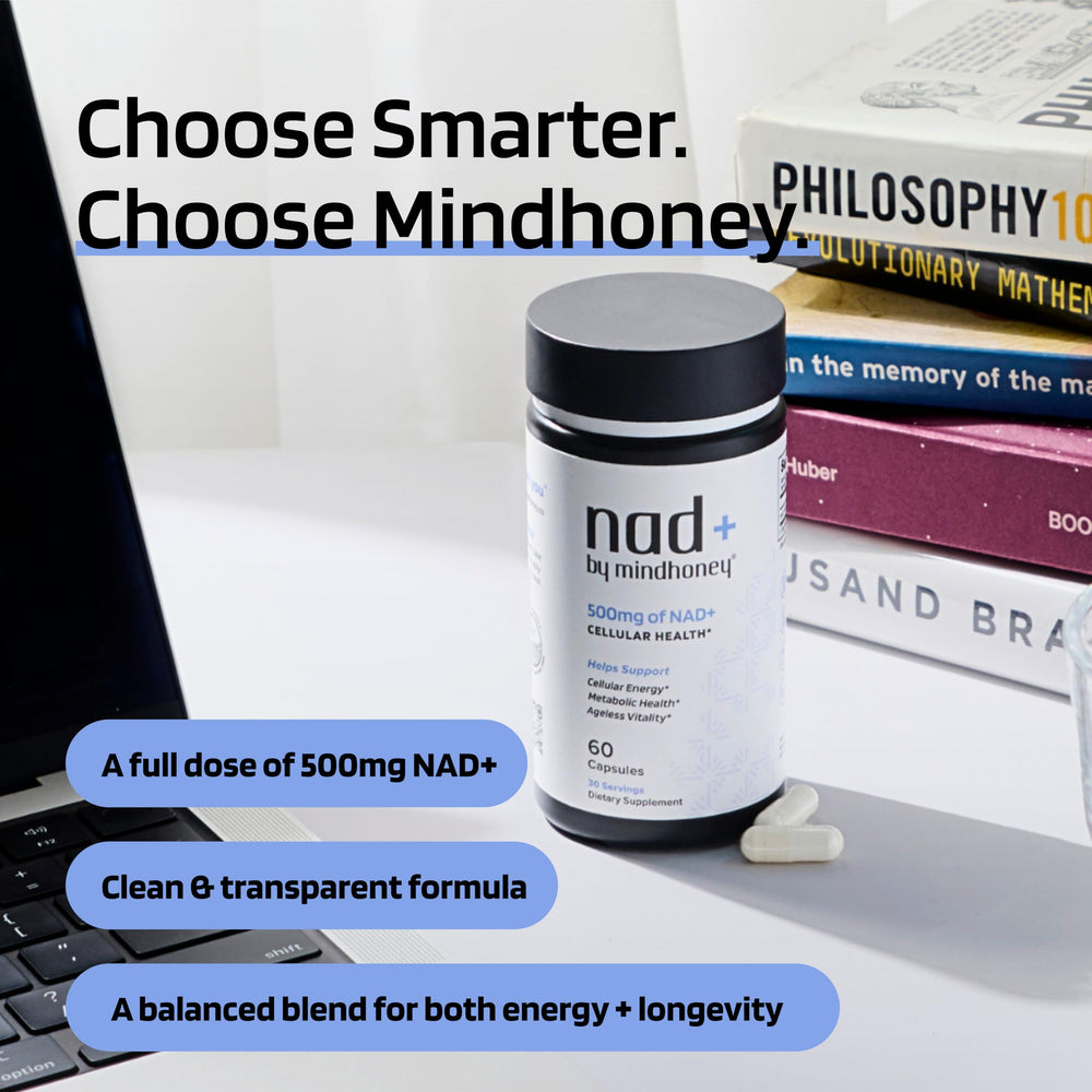 Morning routine scene with MindHONEY NAD+ two-capsule dose.