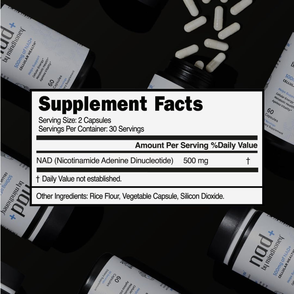 Vegan, non-GMO, gluten-free NAD+ formula by MindHONEY.